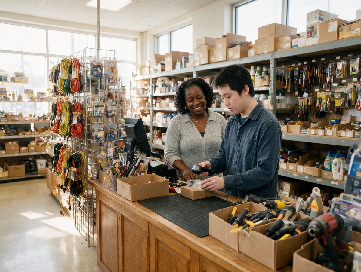 Participant at work in a local business, supported by a DLS coach