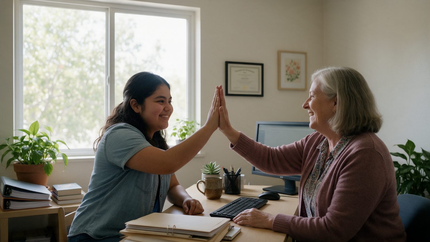 A new hire and her job coach celebrating a job offer