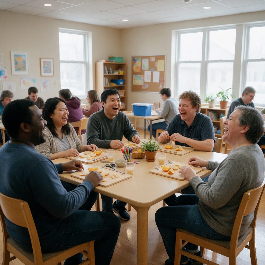 Small-group workshop in a bright community room