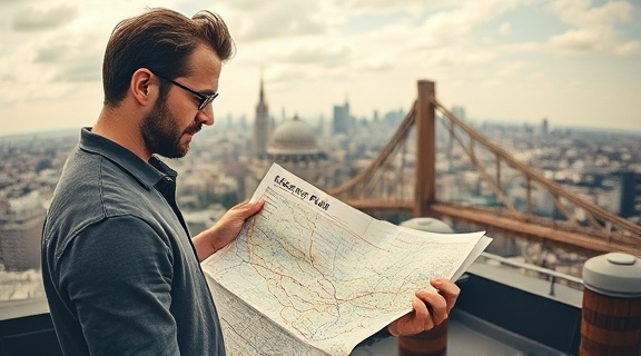 navigating career path, contemplative expression, looking at a map, photorealistic, scenic cityscape view from a rooftop, highly detailed, gentle breeze tousling papers, HDR effect, sepia tones, natural lighting, shot with a fisheye lens.