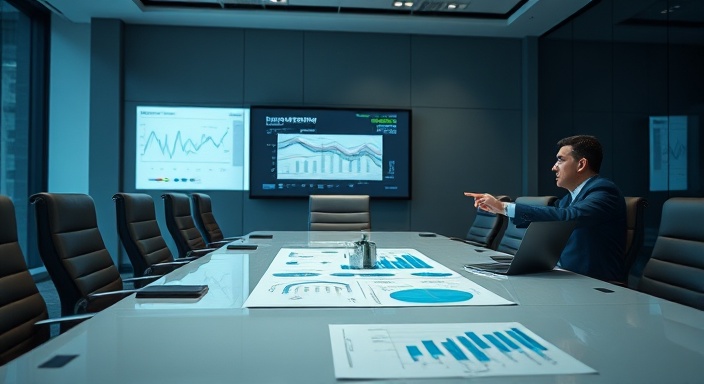 support implementation, strategic, analyzing charts, photorealistic, corporate boardroom with sleek furniture, highly detailed, laser pointer in hand, dramatic, shot with a 70-200mm lens.