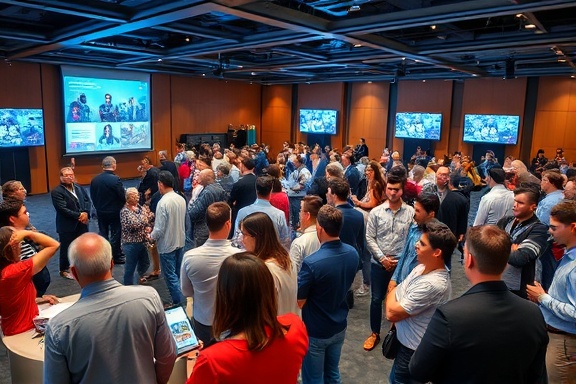 interactive workshops event, enthusiastic crowd, participating in group activities, photorealistic, spacious seminar hall with interactive displays, highly detailed, dynamic interactions, f/2.0 aperture, vibrant colors, ambient lighting, shot with a 24mm camera lens.