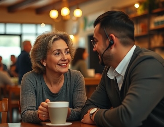 support assistance, empathetic, listening intently, photorealistic, cozy coffee shop with warm tones and wooden furniture, highly detailed, background chatter, soft focus, warm, shot with an 85mm lens.