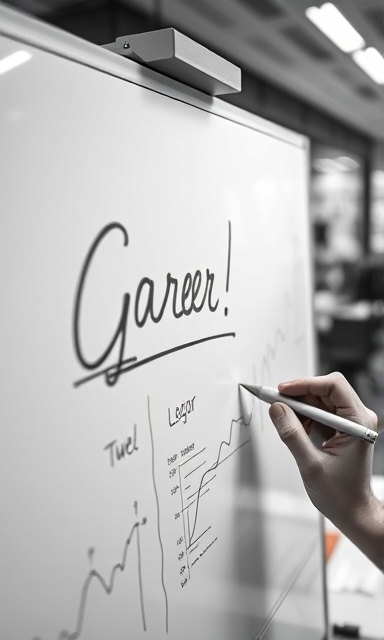 focused career goals, visionary expression, writing on a whiteboard, photorealistic, modern tech company workspace environment, highly detailed, charts and graphs displayed, macro shot, monochrome, studio lighting, shot with a macro lens.