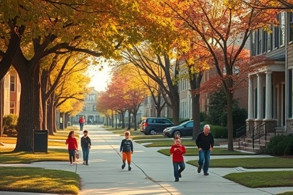 innovative assistive tool, accessible, providing support to user, photorealistic, suburban neighborhood with tree-lined sidewalks, highly detailed, children playing around, excellent resolution, vibrant red, golden afternoon light, shot with a zoom lens