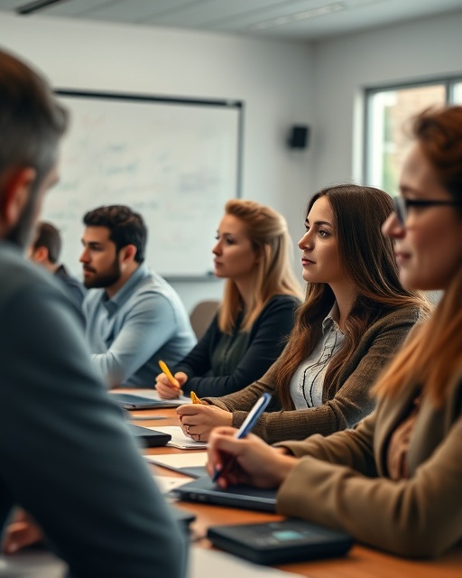 focused training session, attentive learners, note-taking, photorealistic, modern classroom with whiteboards and technology, highly detailed, pens moving swiftly, f/2.2 aperture, rich earthy tones, natural morning light, shot with a 50mm camera lens.