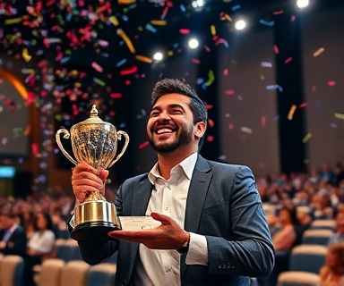 celebrating career success, joyous expression, holding a trophy, photorealistic, a packed conference hall in the background, highly detailed, confetti falling from above, long exposure, bright colors, spotlight illumination, shot with a telephoto lens.