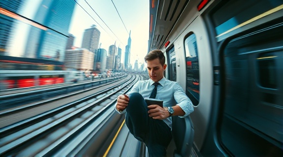 dynamic employment track, focused expression, racing on a futuristic train, photorealistic, ultramodern cityscape with high-speed rails, highly detailed, motion blur of passing scenery, fisheye lens, sleek metallic and neon highlights, stark contrast lighting emphasizing motion, shot with a Tokina ATX-i 11-16mm f/2.8 CF lens.