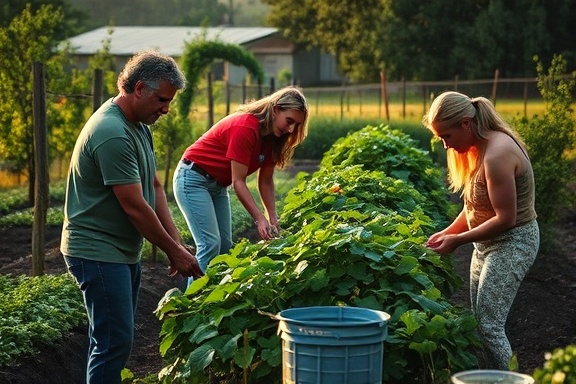 supportive community support, encouraging actions, problem-solving, photorealistic, rural countryside setting with volunteers helping in a garden, highly detailed, teamwork in nature, fine granularity, deep greens, golden hour lighting, shot with a telephoto lens.