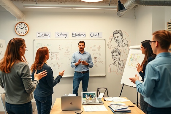 support solutions, proactive, brainstorming ideas, photorealistic, creative studio filled with sketches and whiteboards, highly detailed, dynamic body language, vibrant, shot with a 28mm lens.