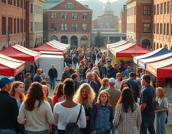 dynamic community partnership, unified effort, planning and organizing, photorealistic, busy town square filled with community booths and shared activities, highly detailed, visible bonds and communication, sharp focus, warm tones, soft morning sunlight, shot with a 50mm lens.