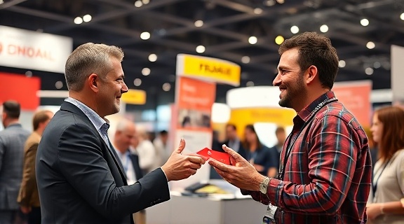 innovative partnerships deal, optimistic smiles, exchanging business cards, photorealistic, a bustling expo booth with banners and pamphlets, highly detailed, curious onlookers browsing, f/2, vibrant reds and yellows, high contrast lighting, shot with a 50mm lens.