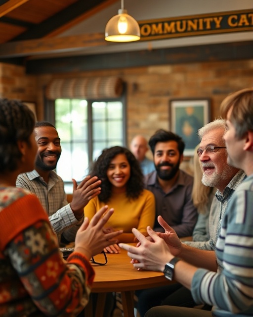 engaged community engagement, enthusiastic participation, brainstorming, photorealistic, a cozy indoor community center with diverse groups in discussion, highly detailed, animated gestures and expressions, crisp clarity, earthy colors, ambient indoor lighting, shot with an 85mm lens.