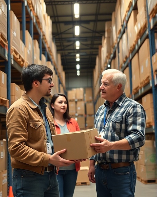 support packages, collaborative, discussing strategies, photorealistic, spacious warehouse with shelves packed with boxes, highly detailed, labeling stickers visible, natural, shot with a 35mm lens.