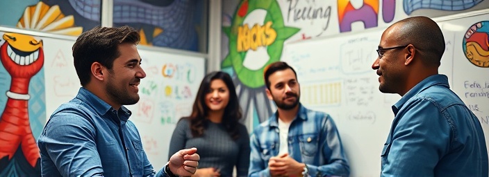 productive partnerships collaboration, engaged expressions, discussing ideas, photorealistic, a coworking space with creative murals on the walls, highly detailed, whiteboards filled with colorful markers, ISO 200, bold and contrasting colors, diffused LED lighting, shot with a 24mm lens.