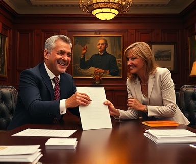 successful partnerships agreement, joyful facial expressions, signing a document, photorealistic, a traditional boardroom with a mahogany table and leather chairs, highly detailed, scattered piles of paper, f/4, rich maroon and gold, soft overhead lighting, shot with a 85mm lens.