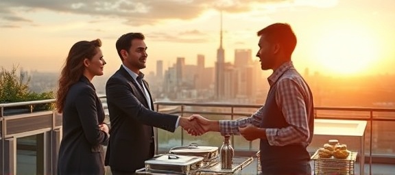 collaborative partnerships handshake, enthusiastic expressions, concluding a meeting, photorealistic, a rooftop space created for business events overlooking the skyline, highly detailed, catering trays and beverage stations visible, ISO 320, sunset hues, golden hour lighting, shot with a 24mm lens.