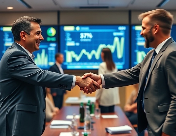 harmonious partnerships handshake, satisfied smiles, sealing the deal, photorealistic, a conference room with large monitors displaying finance statistics, highly detailed, motion blur of moving people in the background, f/2.8, warm tones, soft ambient light, shot with a 35mm lens.