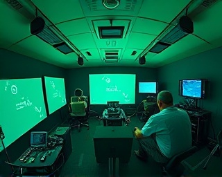 coordinated mission process, meticulous, synchronizing efforts, photorealistic, within a virtual reality simulation room, highly detailed, interactive projections, shot with a fisheye lens, neon green, diffuse backlighting