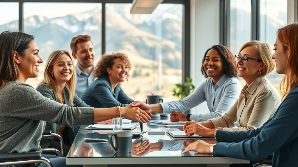 Inclusive workplace scene showing supported employment services in Colorado, including a person with a disability collaborating with colleagues in a light-filled office with mountain views.