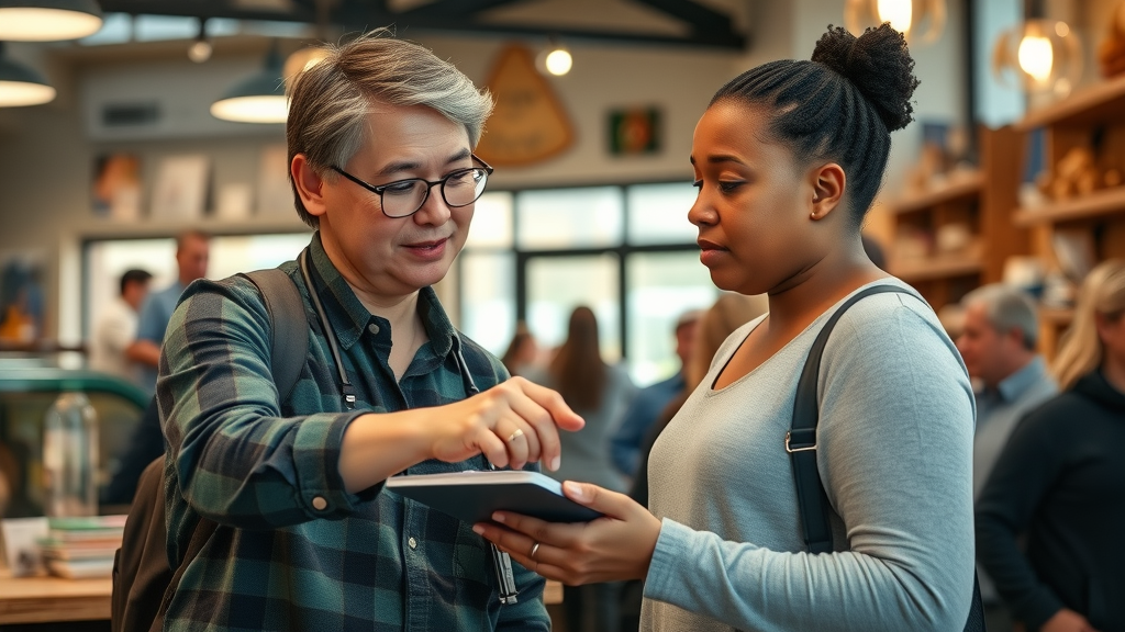 Supportive job coaching for supported employment services in Colorado, showing a job coach guiding an adult with a disability in a local business, engaged in skill-building activities.