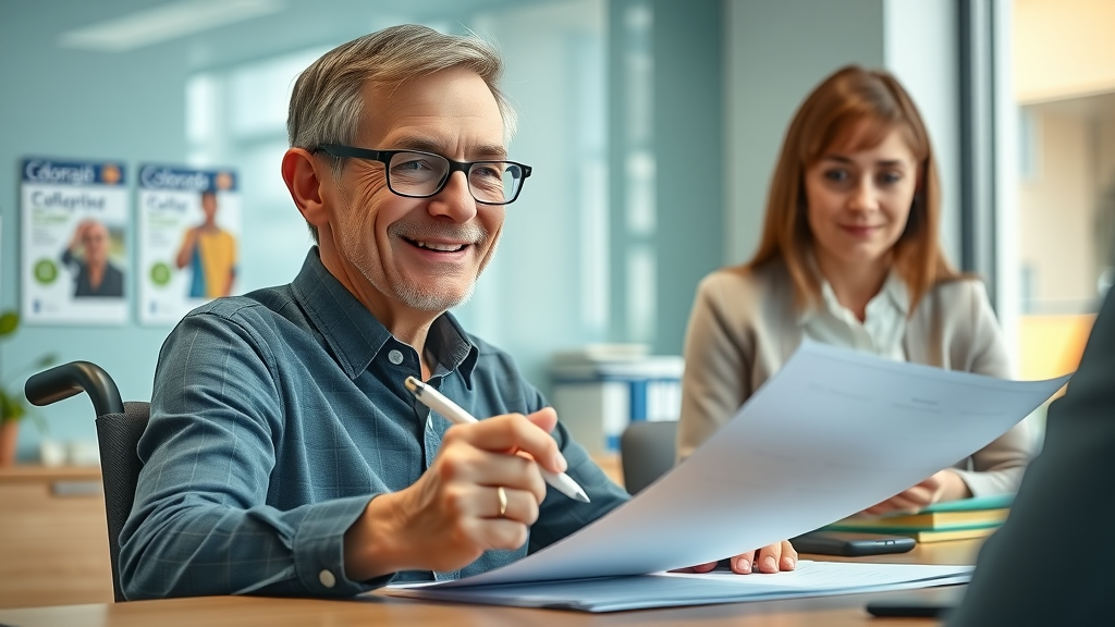Person with disability applying for supported employment services in Colorado with a case manager, both focused and optimistic in an office environment.