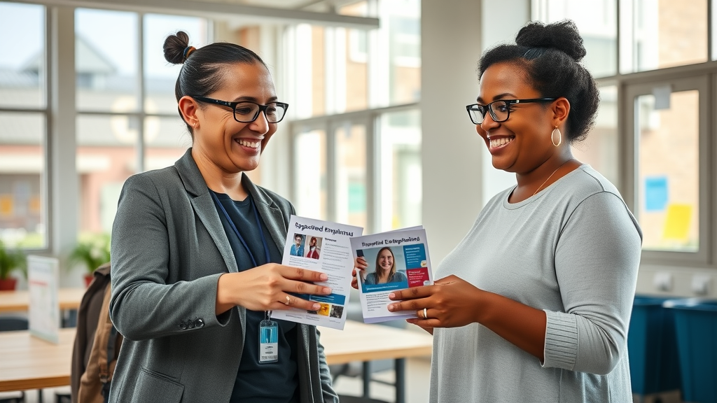 Employment support resources in Colorado: friendly provider sharing information on supported employment to an adult with developmental disabilities, in a welcoming community center.