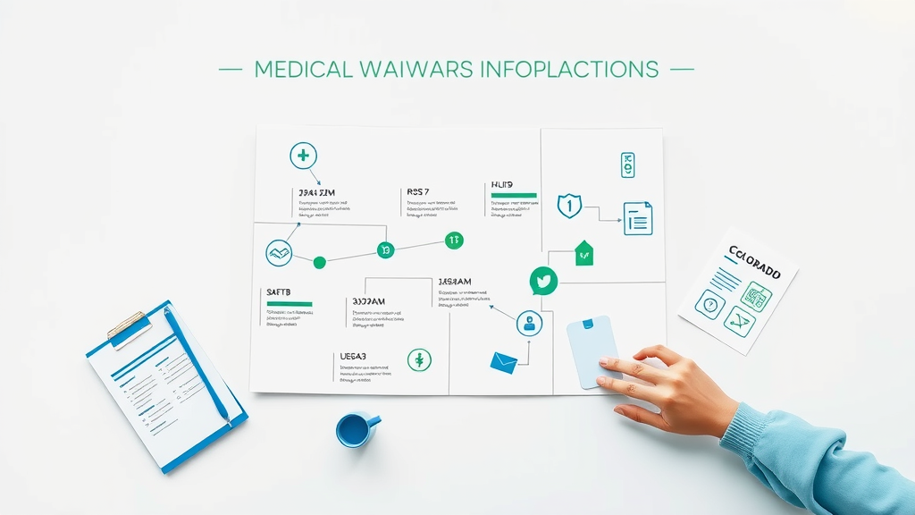 Infographic showing rising trend in medical waiver applications in Colorado, featuring Colorado state outline, healthcare, paperwork, and map icons, rendered as photorealistic digital illustration with blue and green accents