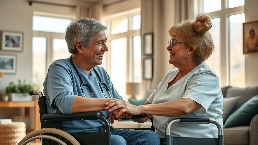 Supportive healthcare worker assists adult with disabilities in a comfortable Colorado home setting with adaptive equipment and sunlight