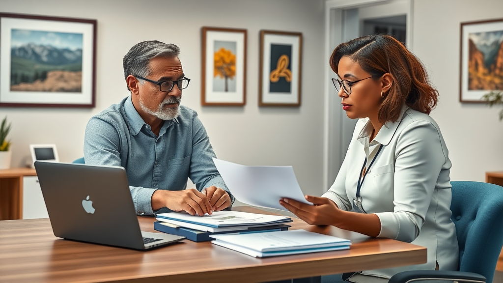 Medical eligibility consultation for waiver programs with service coordinator and adult patient reviewing paperwork in a professional Colorado office