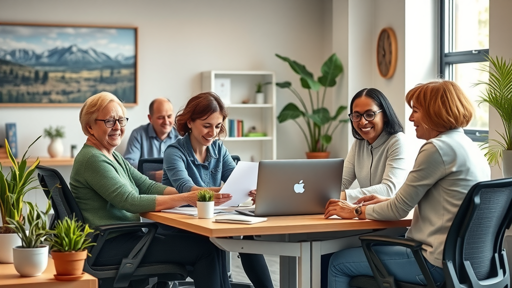 Inclusive Colorado workplace with adults of varying abilities collaborating, featuring assistive tech and vibrant Colorado office design