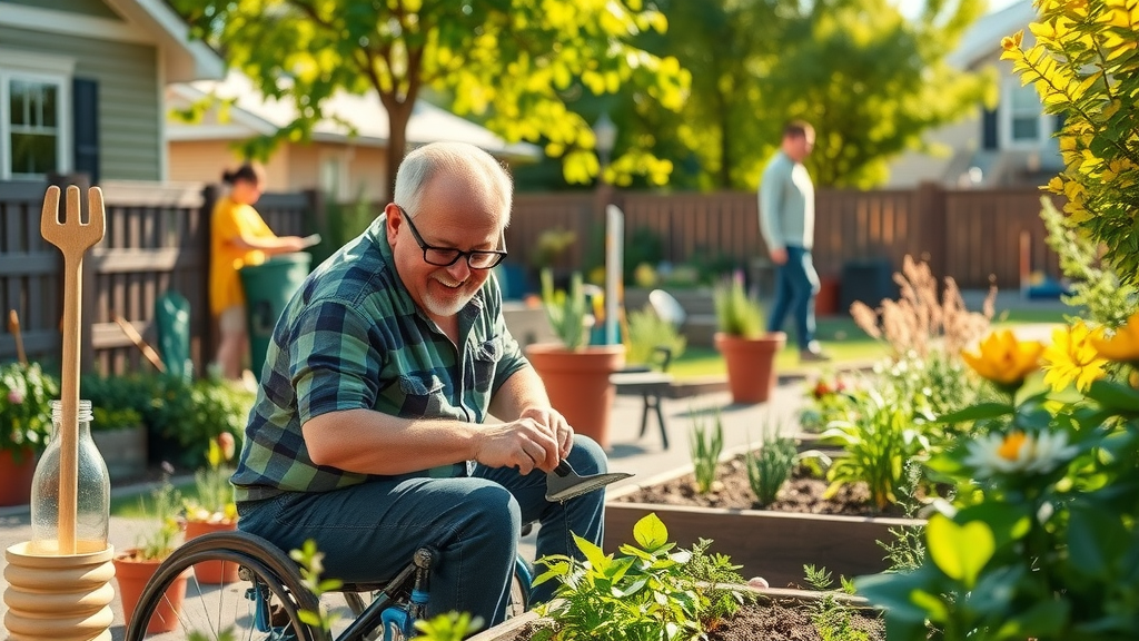 Adult with disabilities gardening with support staff in a sunny, accessible Colorado backyard with adaptive features and raised beds