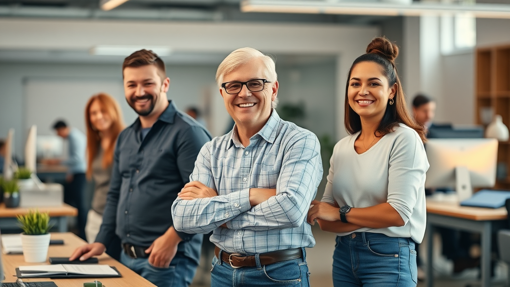 Hopeful adults with disabilities smiling with pride alongside supportive job coaches in a modern workplace, representing medicaid waiver supported employment
