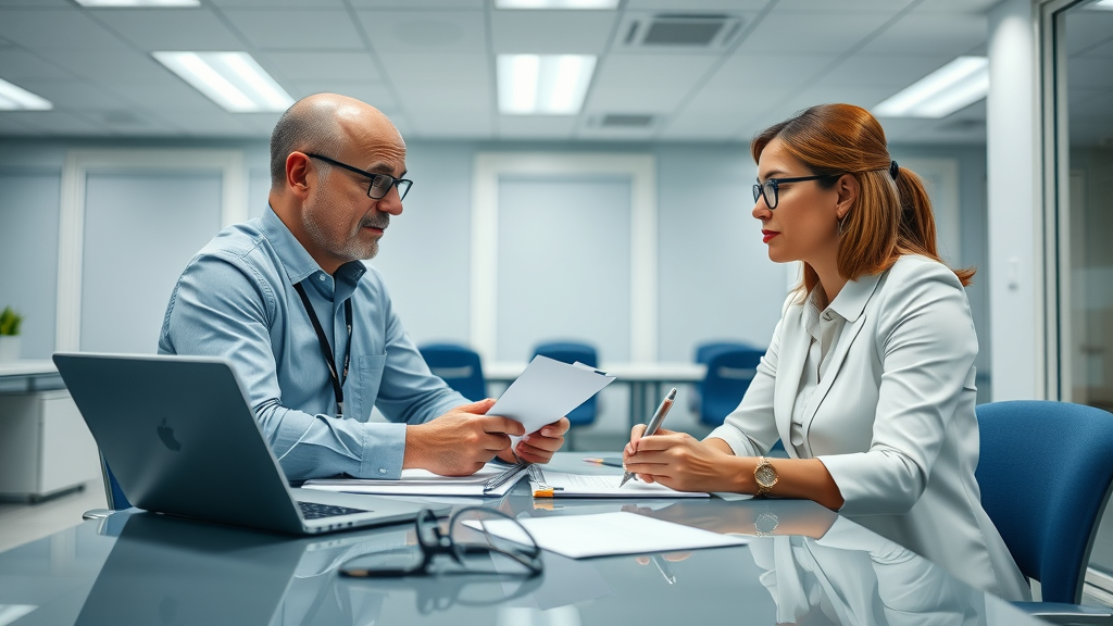 Client with visible disability discussing employment policy changes with an advisor in a modern office for Medicaid waiver supported employment