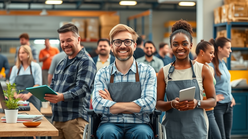 Various professionals with disabilities thriving in inclusive workplaces like retail, office, and warehouse under Medicaid waiver supported employment