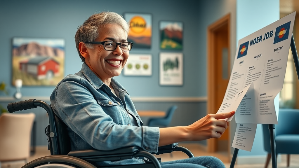 motivated colorado job seeker in wheelchair reviewing accessible job listings board at community resource center with colorado-themed artwork and supportive friend