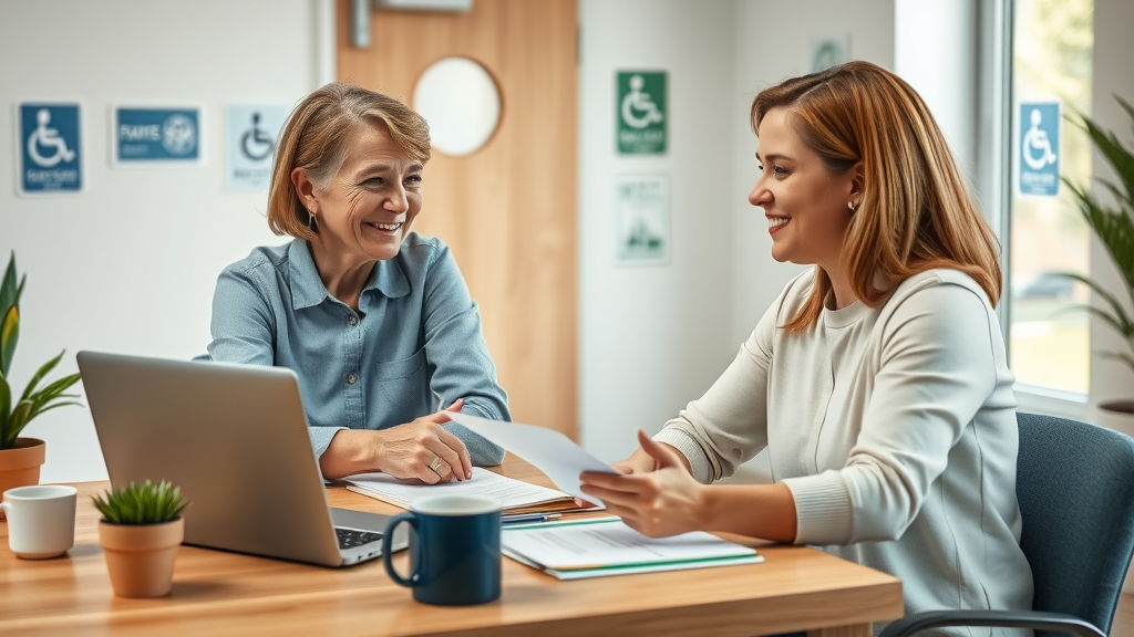 colorado division of vocational rehabilitation counselor consulting with applicant at accessible, welcoming office with advocacy signage and paperwork