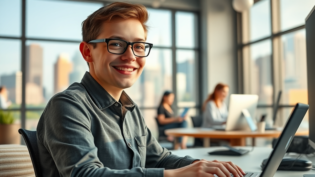 empowered colorado worker using adaptive technology at division of vocational rehabilitation employment office with supportive staff in background